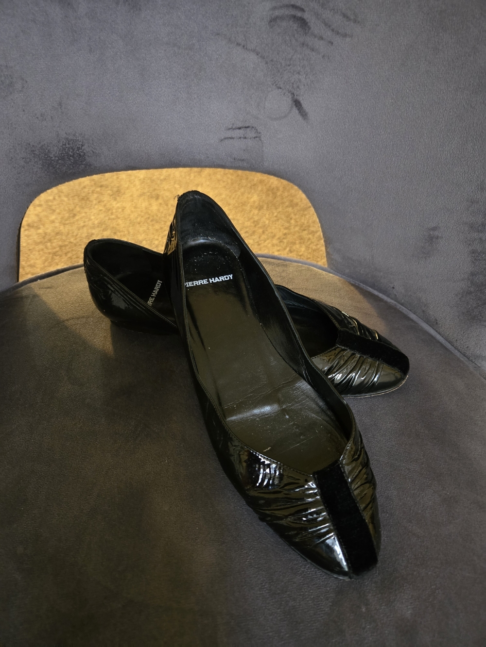 Pierre Hardy Black Patent Pointed Flats with Gathered Toe Detail